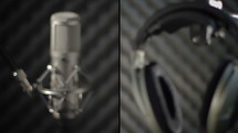 Sequence of a microphone and headphone in a recording studio. 