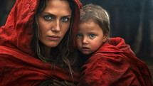 Woman with emotive eyes hiding her child under red clothes during the war