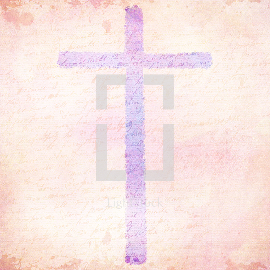 light purple cross on peach - pink grunge texture with handwriting - square format