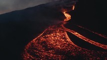 Sunrise drone aerial over lava flows of Pacaya volcano in Guatemala	