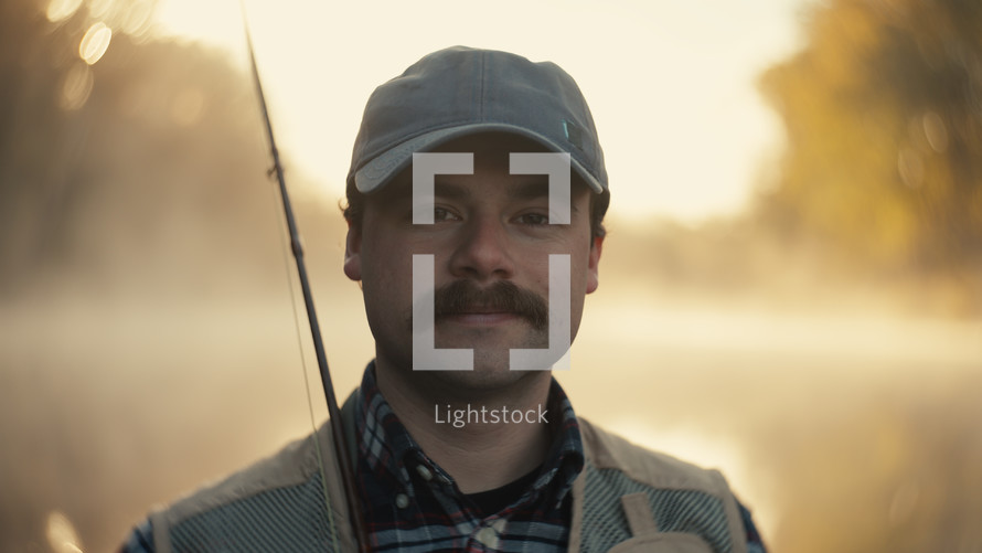 A Smiling young fly fisherman on a foggy river at sunrise