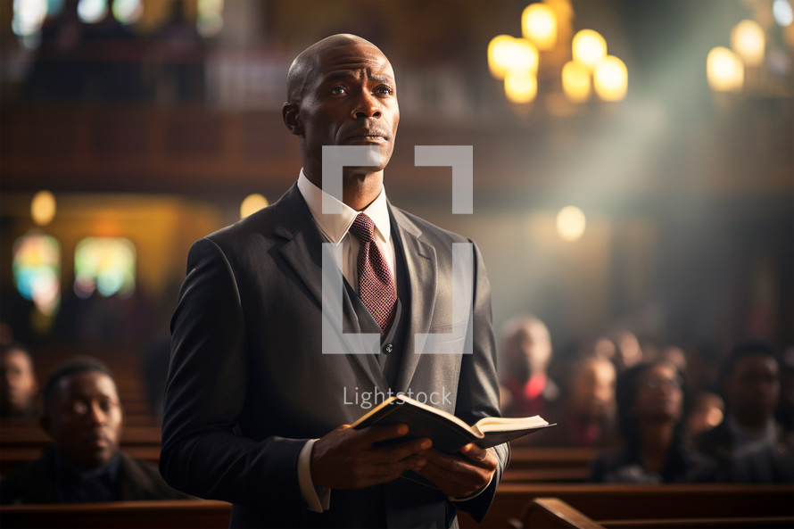 An African American man reading a bible in church