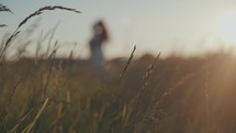 A couple (out of focus) walking through a field of grain at sunset. 