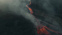 Drone aerial view of lava flowing from Pacaya volcano in Guatemala.