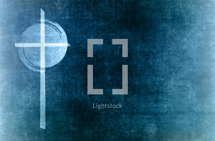 light cross and swirl circle with stencil effect on a distressed blue background, off-center with copy space