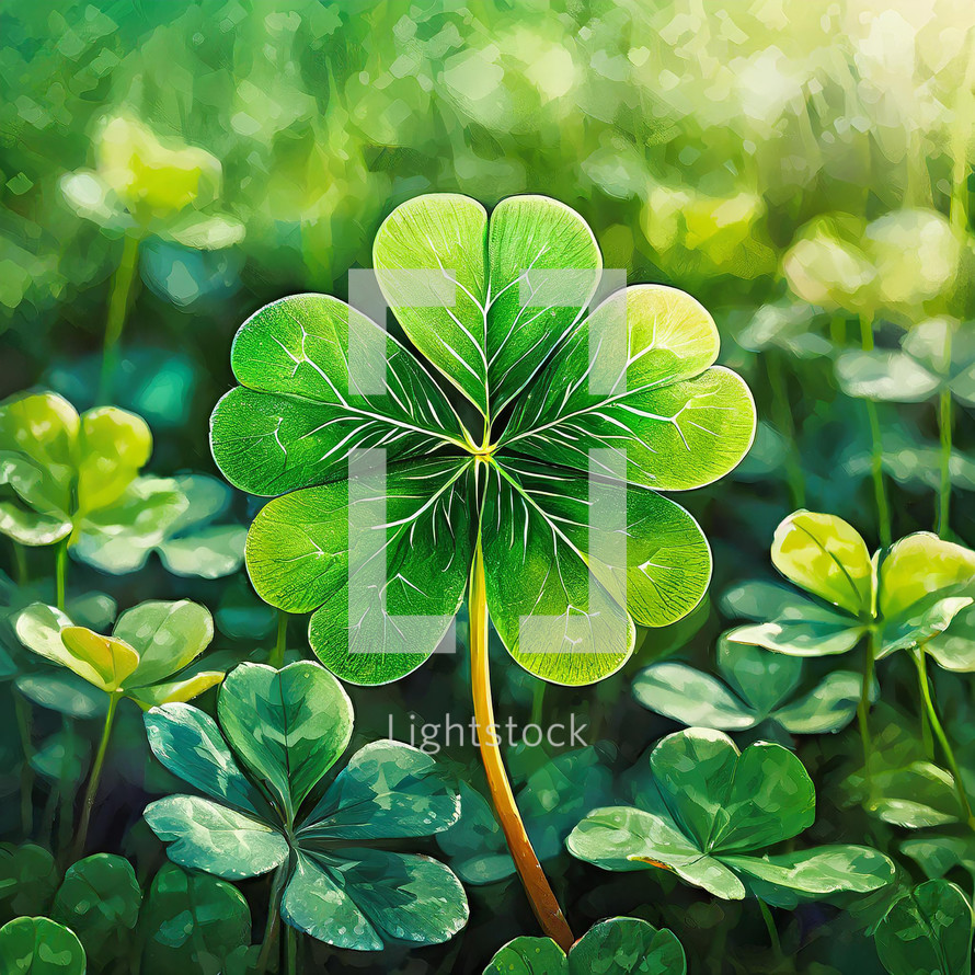 Four-leaf clover for St. Patrick's Day in a field of green clover generated by AI.
