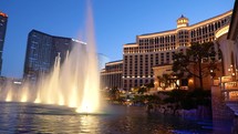 Bellagio water fountains in Las Vegas Nevada. Water show in Las Vegas at night at the Bellagio hotel casino. Slow motion water fountain on Las Vegas strip.

