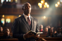 An African American man reading a bible in church