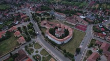 Aerial overview of the medieval fortified church of Prejmer in Transylvania