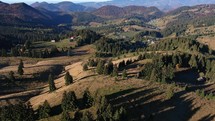 Flying over the splendid countryside of Romania with remote cottages during an autumn day