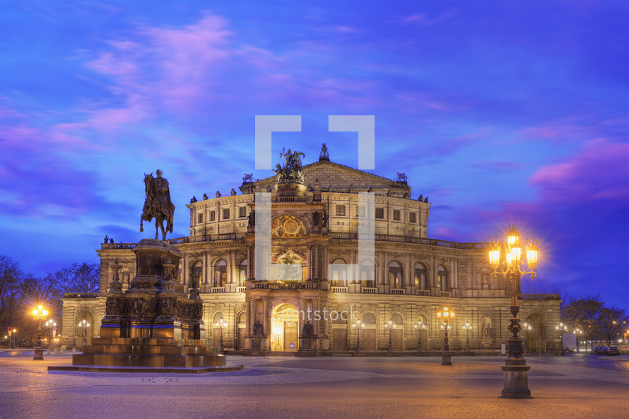 Semper opera house at dusk. Dresden, Germany.