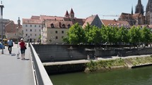 REGENSBURG, GERMANY - CIRCA JUNE 2022: Panning view of river Danube - EDITORIAL USE ONLY