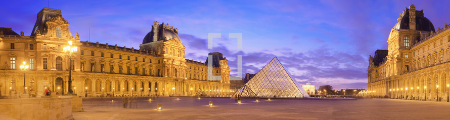 Panoramic images of the Louvre at dusk. Paris, France.- for editorial use only.