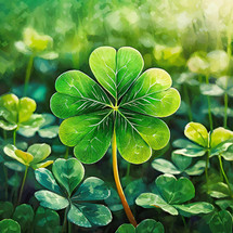 Four-leaf clover for St. Patrick's Day in a field of green clover generated by AI.