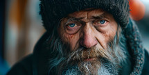 Old homeless man with beard looks at camera