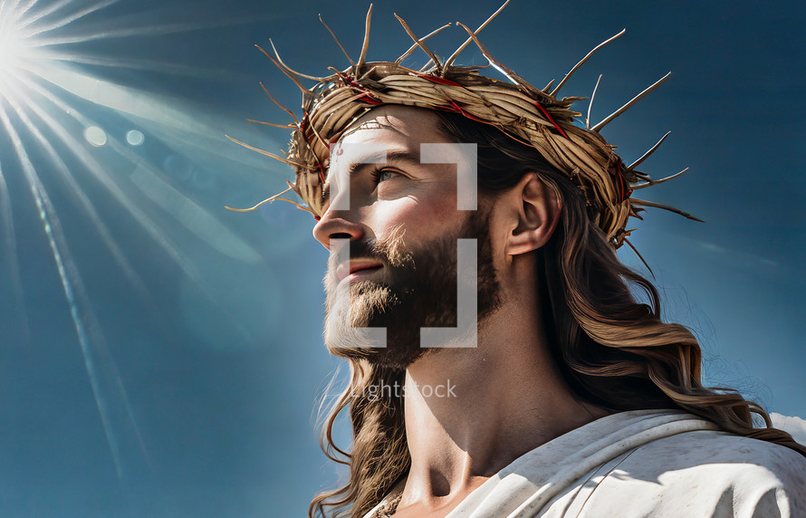 Jesus looking away from the sun with a crown of thorns on his head