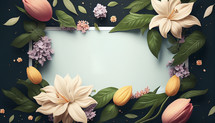 Bright colored flat-lay of flowers and leaves as a frame around light blue paper area