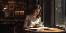 A photo of a woman reading a book in a coffee shop