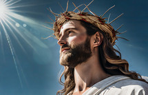 Jesus looking away from the sun with a crown of thorns on his head