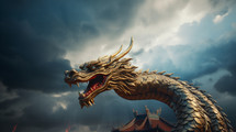 AI generated image. Traditional Chinese wooden dragon against the cloudy sky. 2024 New Year concept