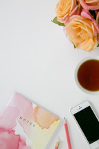 pink and peach roses, notes, watercolor, spring, coffee, watch, croissant, iPhone, pencil, white background 