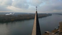 Drone shots of Evangelische Jugendkirche Wiesbaden and the Rhine River