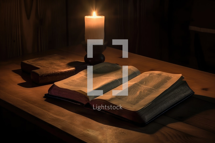 Holy Bible whit Candle on Natural Wood Table