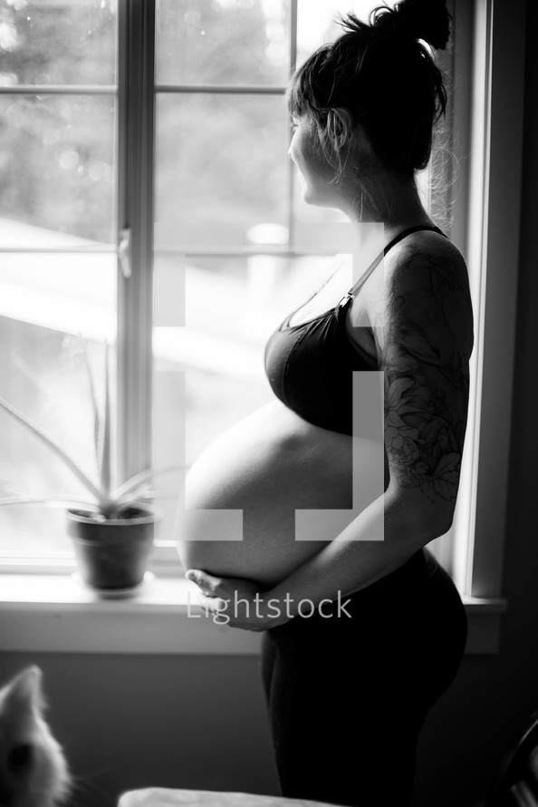 pregnant mother standing in a window 