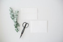 eucalyptus twigs, scissors, and envelopes 
