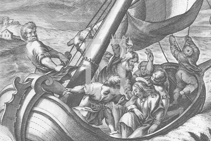 Jesus and disciples on a boat in a storm 