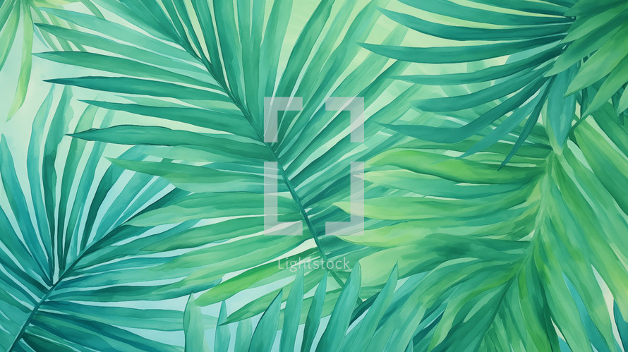 Green watercolor palm leaves background for Easter.