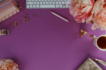 keyboard, clips, peonies, flowers, purple background, purse, gold, handbag, tea, mug, paper, envelopes, stapler, desk, computer, home office, pencil, paper weight, rings, wallet