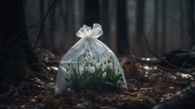AI Generated Image. White buttercups flowers in a plastic polyethylene bag in a forest