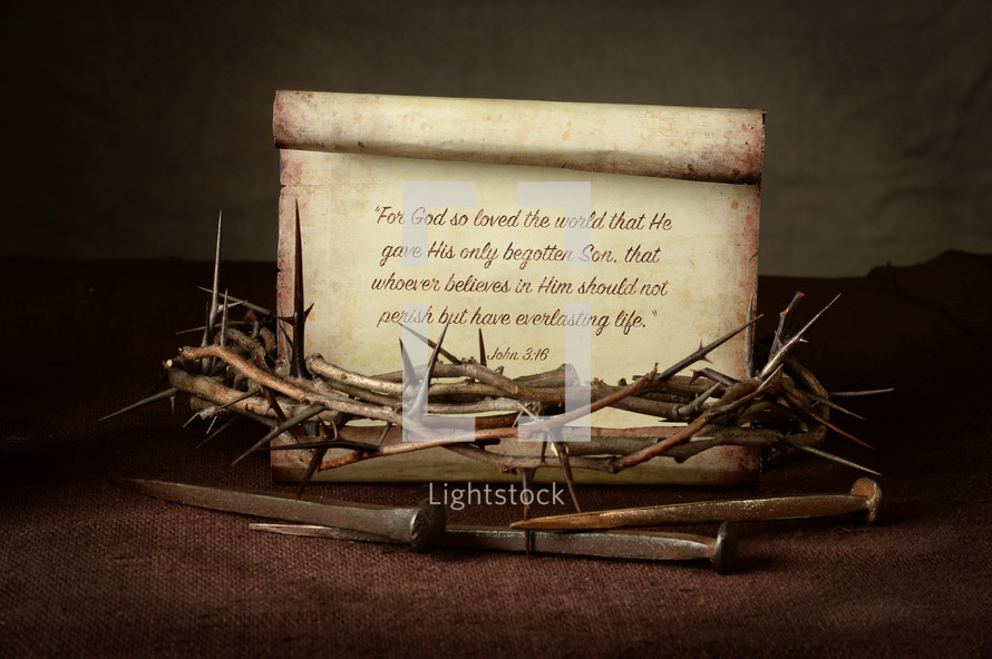 Scripture and Crown of Thorns and Nails