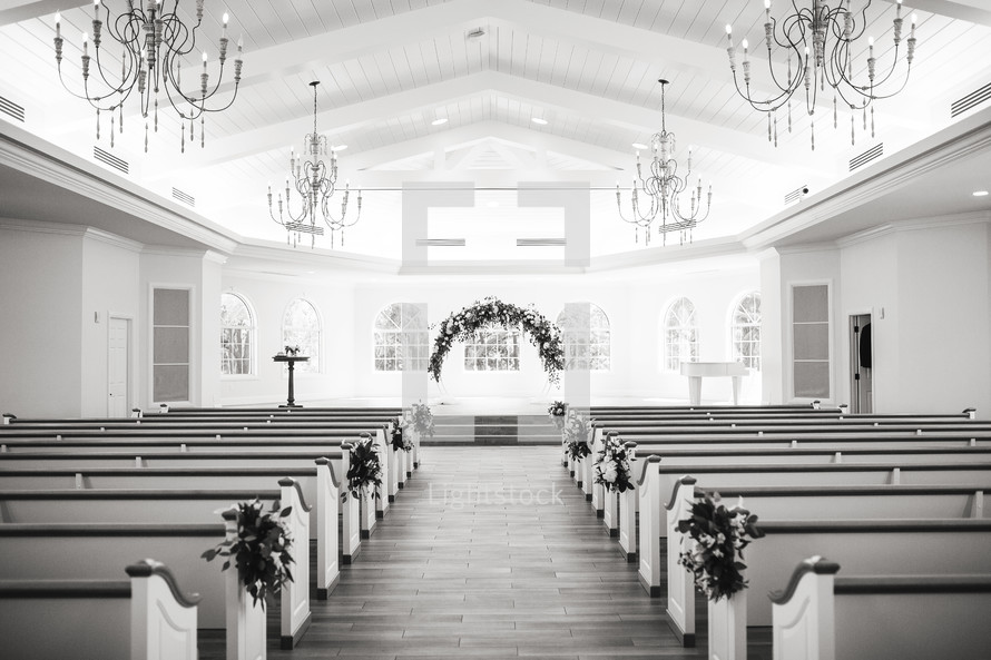 a church decorated for a wedding 