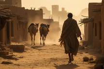 Man walking with his Camels in desert town