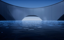 Water surface with building at night, 3d rendering.