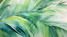 Green watercolor palm leaves background. 