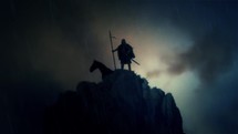 A Warrior and his Horse Standing on a Cliff Under a Lightning Storm