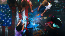 AI Generated Image. Top view on children drawing chalk American flag on sidewalk