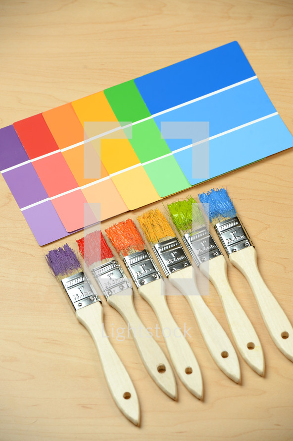 paintbrushes, paint, choices, color, paint chips, color samples, rainbow, painting 