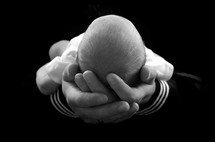 man's hands cradling an infant