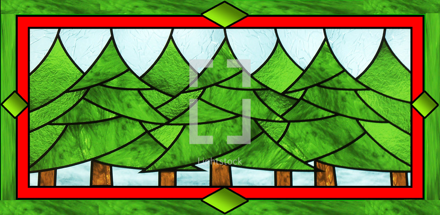 A stained glass window depicting a row of Christmas Trees framed by a red and green border. 