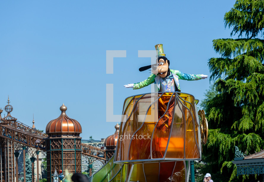 Paris, France - June 02, 2023: Show on the occasion of the 30th anniversary of Disneyland Paris. In the picture Goofy on a parade float.