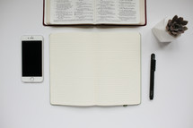 open Bible, journal, pen, succulent plant, and cellphone on a white background 