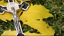 silver crucifix lying on ground with fall leaves and grass 