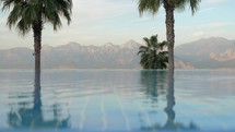 Outdoor swimming pool with palms and mountains scene