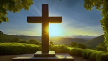 Cross of christ in valley landscape backdrop, bright sunset giving light to a new day