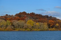 Fall trees on hill next to lake
