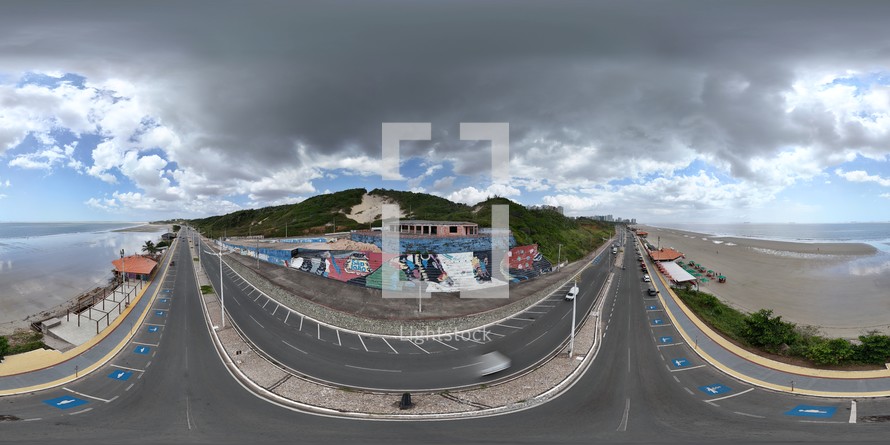 360 aerial photo taken with drone of mural at Praia Litorânea  in São Luís, Maranhão, Brazil